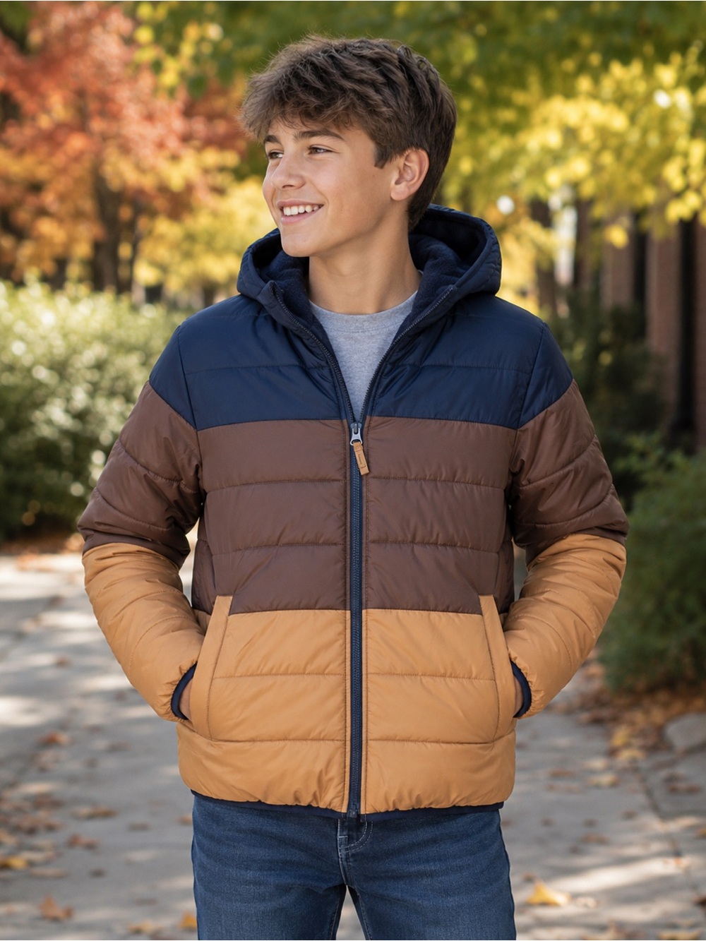The Children’s Place Boys Colorblock Hooded Puffer Jacket Size XL 14 Navy Brown